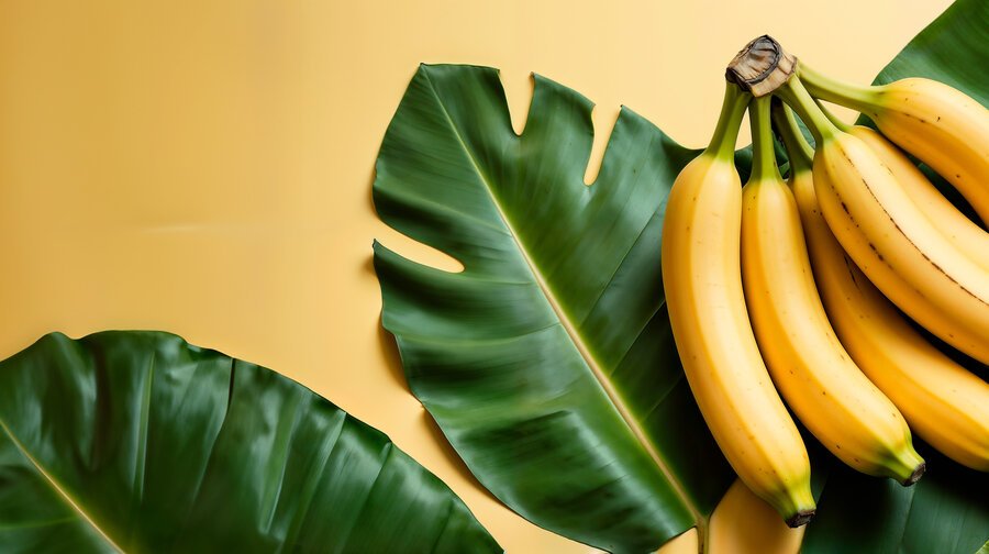 racima de banano con hojas de platanos